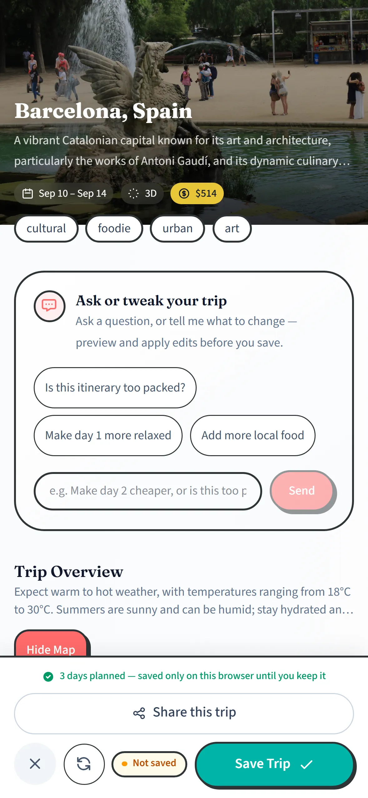 MonkeyTravel app showing a day-by-day trip itinerary