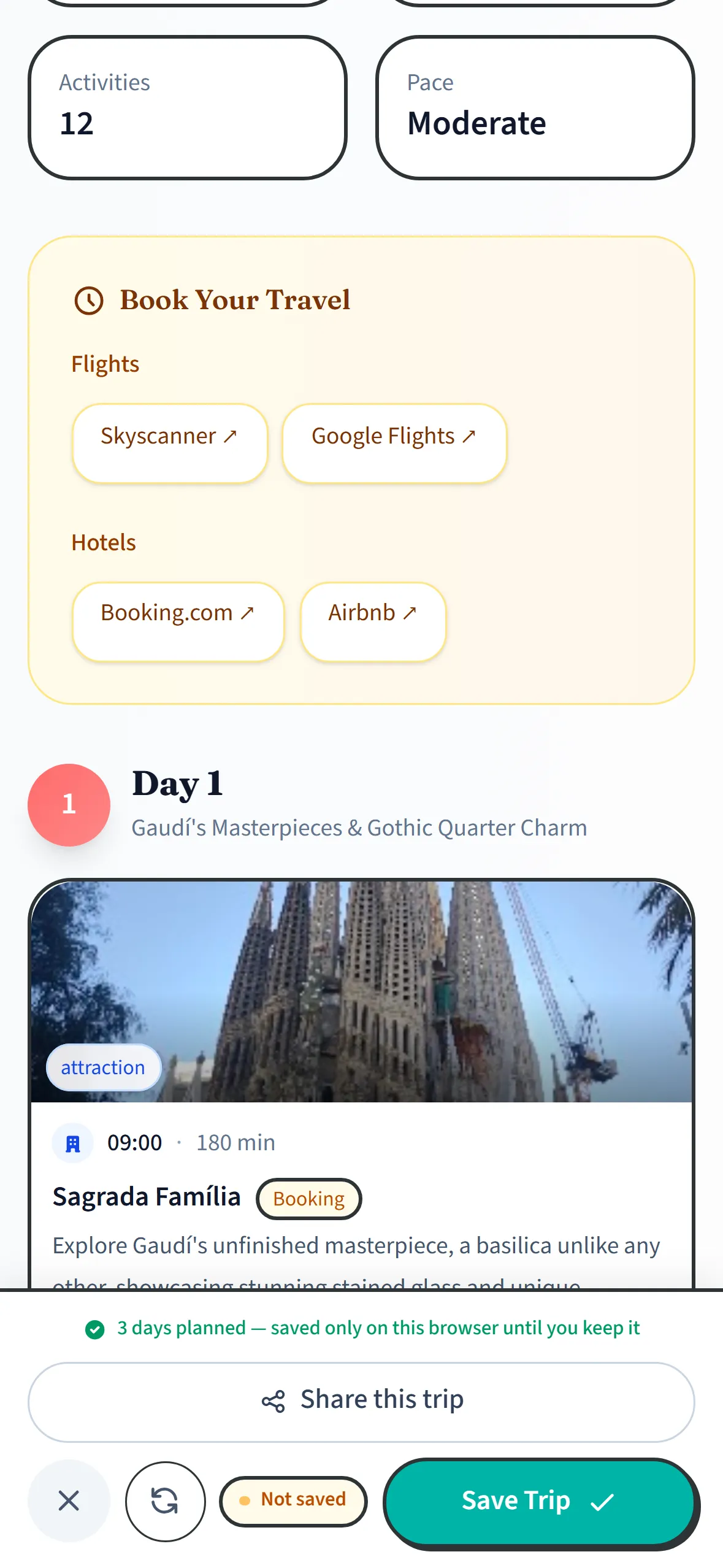 MonkeyTravel app showing a day-by-day trip itinerary