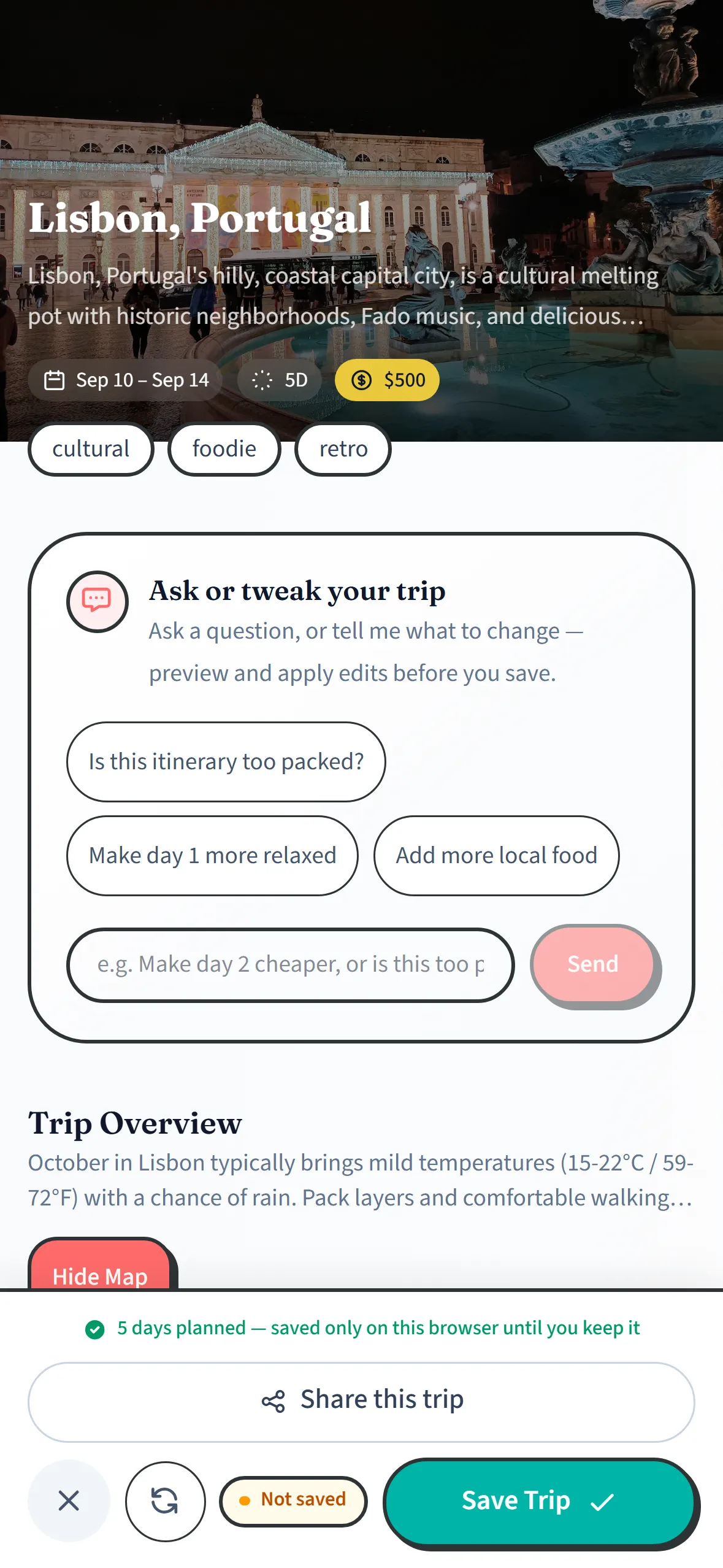 MonkeyTravel app showing a day-by-day trip itinerary