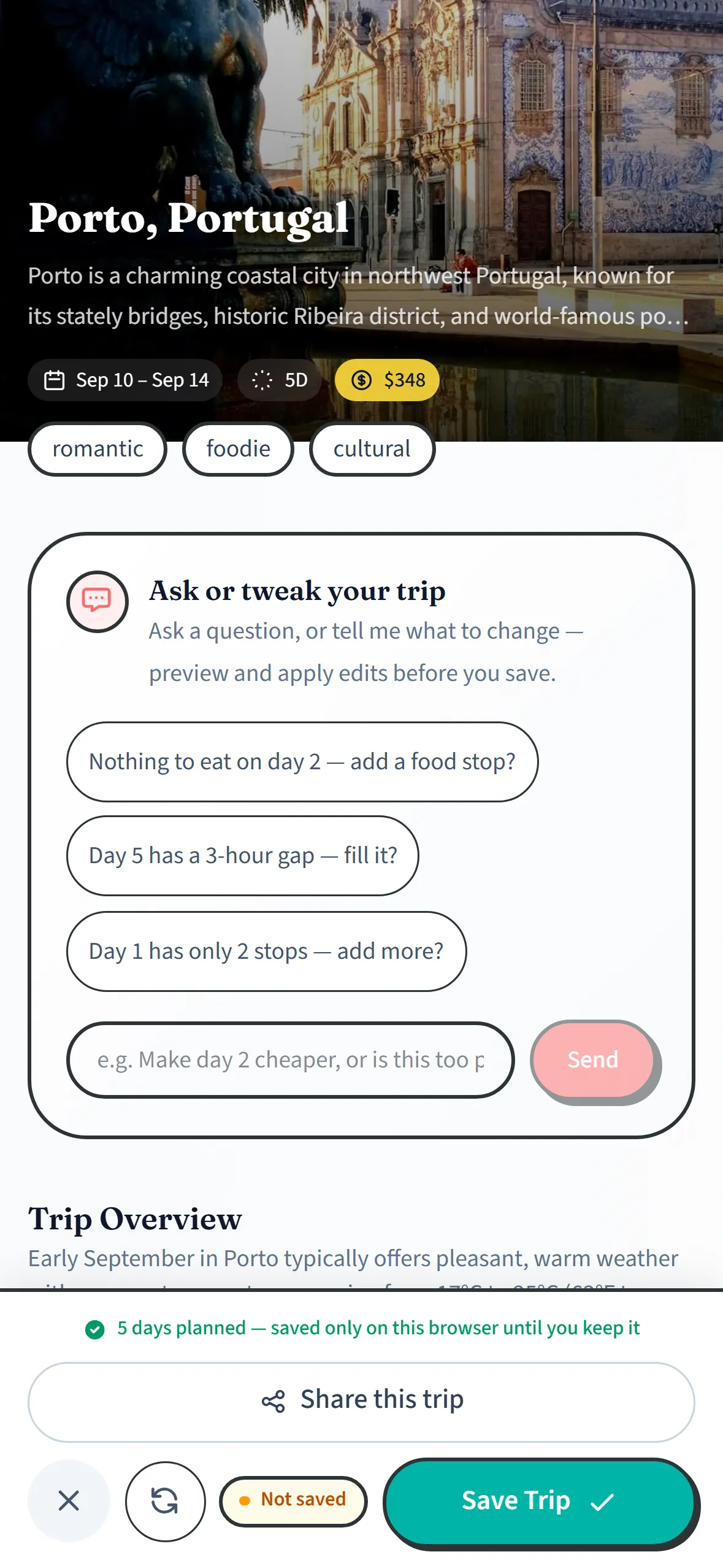 MonkeyTravel app showing a day-by-day trip itinerary